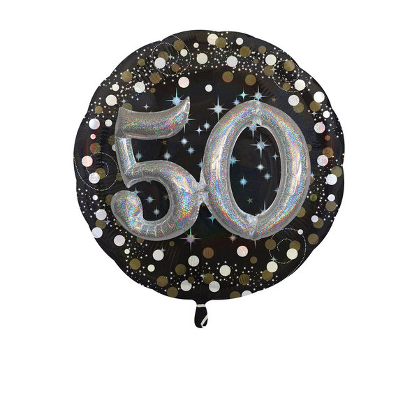 Großer, runder Ballon mit Funkeleffekt und 3D-Zahl, Geburtstagszahl 50, Folienballon, 91 cm x 91 cm