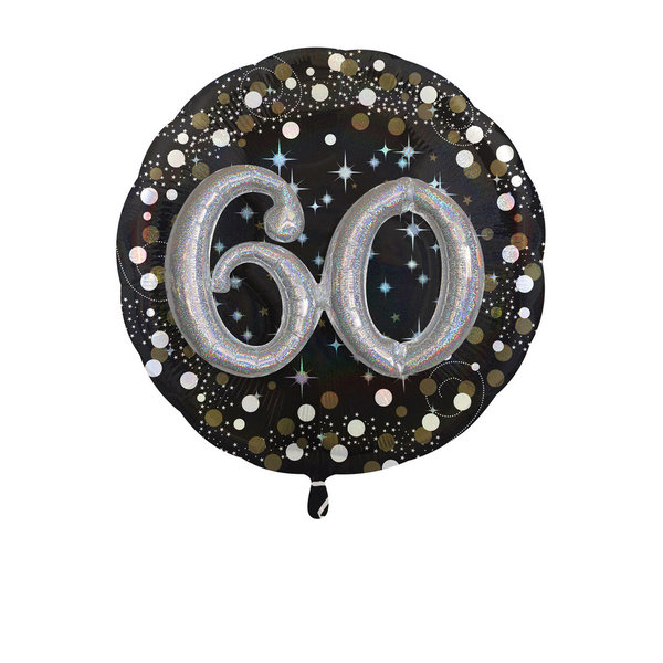 Großer, runder Ballon mit Funkeleffekt und 3D-Zahl, Geburtstagszahl 60, Folienballon, 91 cm x 91 cm
