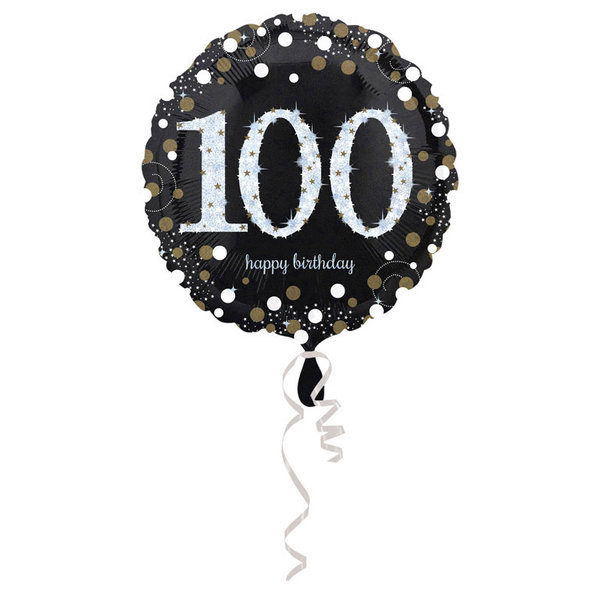 runder Ballon Holographic mit Funkeleffekt, Geburtstagszahl 100, Folienballon, verpackt 45 cm