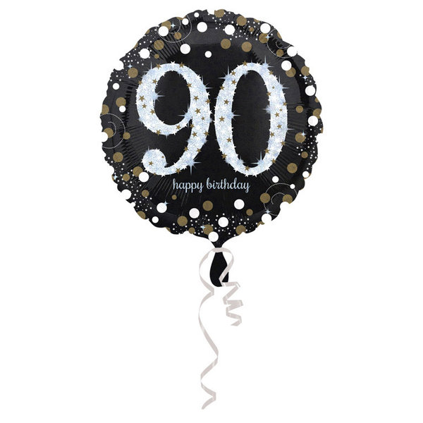 runder Ballon Holographic mit Funkeleffekt, Geburtstagszahl 90 Folienballon, verpackt, 45 cm